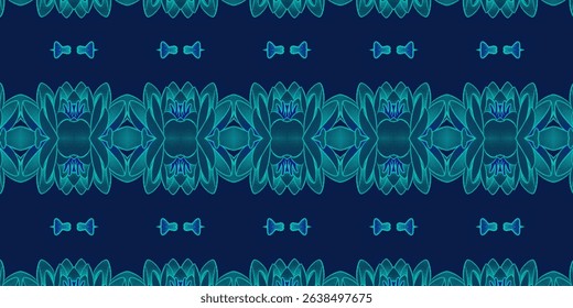 Dark Ethnic Floral Pattern with Teal Lotus Motifs
