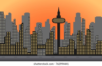 Dark evening, city landscape with skyscrapers and towers. Vector illustration