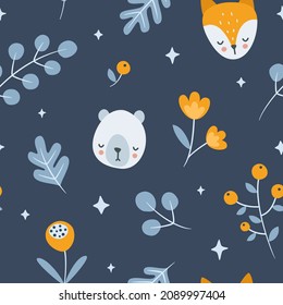 Dark evening floral pattern with sleepy animals head. Night flower, fox, bear baby print. Seamless texture for textile, fabric, apparel, nursery. 