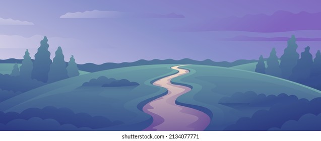 Paisaje nocturno oscuro de prados verdes. Ilustración horizontal panorámica del paisaje rural de verano.