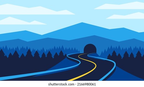 Dark evening landscape road passes through tunnel in the mountains. Horizontal minimalistic illustration.