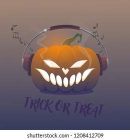 the  dark evil pumpkin has awesome headphones it is listening to dark music. there are some colors such as orange,purple,brown, green, black and white. the pumpkin on a nice simple background the smok