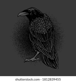 Dark evil raven for halloween theme tattoo and t-shirt design. Vintage crow symbol of gothic, halloween, fear. Hunter bird. Great for greeting cards, invitations, for printing on T-shirts and more