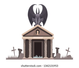 Dark evil with spread wings sitting on roof of the cemetery crypt near graves with crosses cartoon vector illustration