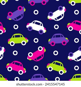 Dark fabric print with neon cars for boys and girls. Pink, lilac, white, acid green transport on dark blue background for nice children's seamless pattern. Cartoon vehicles for cute nursery wallpaper.