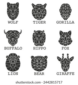 Dark faces of animals. Animals are drawn with a polygon. Different animals. EPS 10.