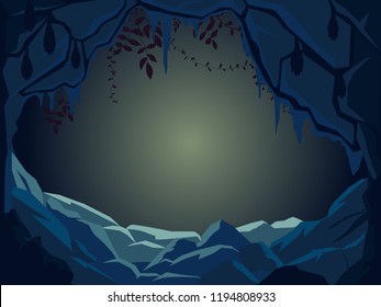 Dark fairy tale cave landscape for halloween poster, flyer, card with your text. Vector hand draw illustration
