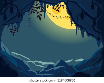 Dark fairy tale cave with moonlight for halloween poster, flyer, card with your text. Vector hand draw illustration
