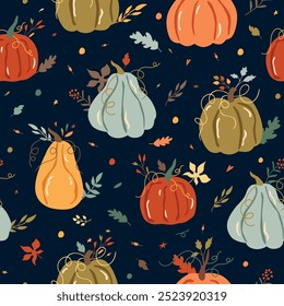 Dunkler Fall florale Kürbisse, Blumen, Blätter nahtloses Muster. Herbst Vektor bunte cottagecore print. Süße Oktober Ernte Textil. Halloween oder Thanksgiving Tag wiederholen Hintergrund, Cartoon Gemüse