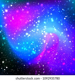 Dark fantastic night starry sky. Dark colorful background with shining lights and dispersed particles and glowing stars. Vector illustration for your graphic design.