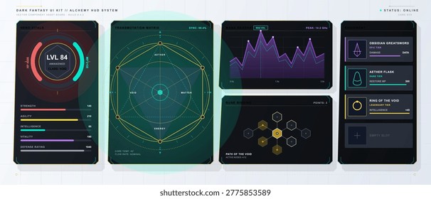 Dark fantasy alchemy game HUD with hero stats, transmutation diagram, mana chart, rune nodes, and equipment cards on a grid background layout