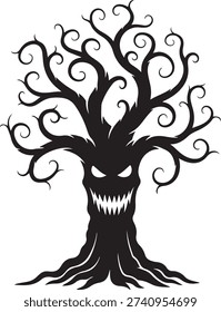 A dark fantasy art piece featuring a tree with a menacing face and twisted branches, evoking a sense of eeriness and mystery.