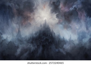 Dark fantasy landscape, mystical atmosphere, ethereal light, watercolor style, dramatic clouds, surreal scenery.