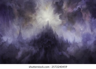 Dark fantasy landscape, mystical mountain silhouette, ethereal light, dramatic sky, watercolor style, atmospheric depth.