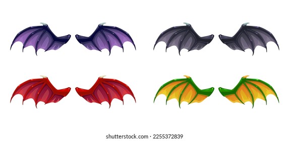 Сartoon dark fantasy wings set. Dragon, devil, bat wing icons. Isolated vector elements.