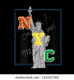 Dark fashion print design for clothes t shirt sweatshirt sticker poster with big Statue of Liberty from New York city also with famous buildings and difference doodles.