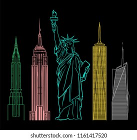 Dark fashion print design for clothes t shirt sweatshirt sticker patch poster with big Statue of Liberty from New York city also with colorful famous buildings.