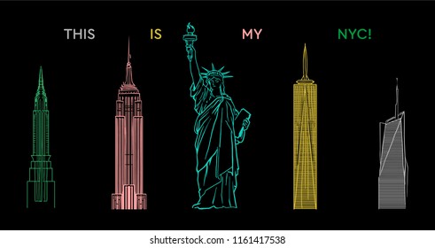 Dark fashion print design for clothes t shirt sweatshirt sticker patch poster with big Statue of Liberty from New York city also with colorful famous buildings.