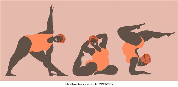 Dark Fat African Women in Peach Swimwear Doing Yoga. Set athletic fat girls demonstrate asanas. Collection of cartoon vector African women going in for sports  isolated on pink background