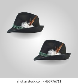 Dark fedora like hat with a green tape and a feather low and high resolution triangle mesh realistic vector eps10