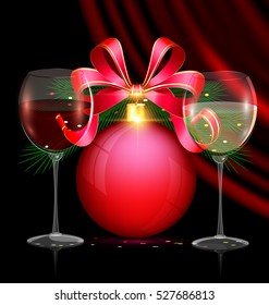 dark festive background with the large red ball,dark vinous drape and couple glasses of wine