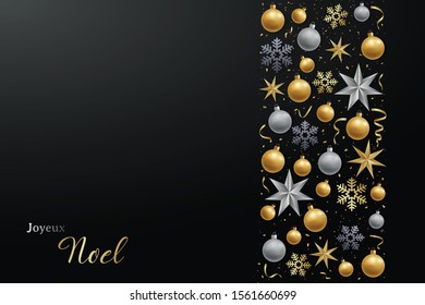 Dark festive background with realistic silver and golden decorative elements. Joyeux noel text translation from french Merry Christmas.