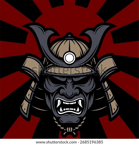 “A dark and fierce samurai mask with sharp fangs, set against a deep red rising sun background. A symbol of strength, honor, and fearlessness.