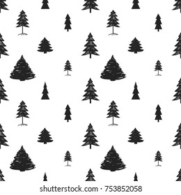 Dark fir forest seamless pattern. Merry Christmas and happy new year greeting card backdrop design. Retro hand drawn vector flat art on white background.