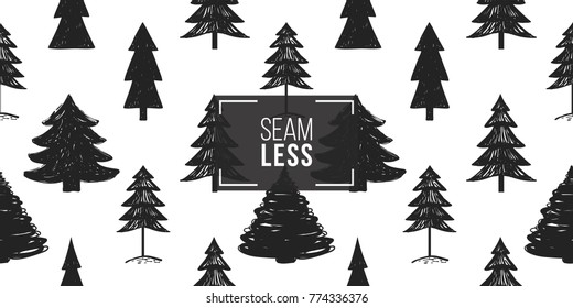 Dark fir forest seamless pattern. Merry Christmas and happy new year greeting card backdrop design. Retro hand drawn vector flat art on white background.