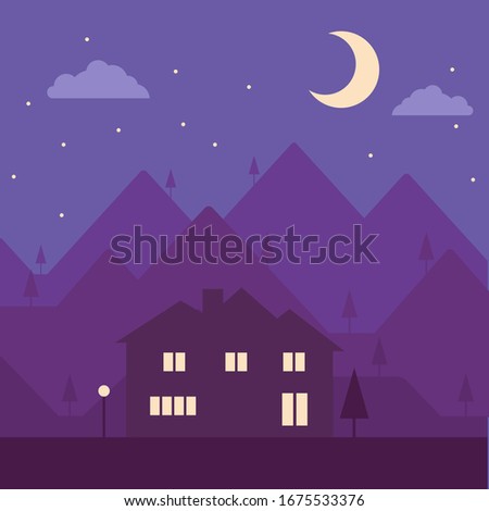Dark flat illustration complited of moon and forest with modern house which has 
glowing windows.