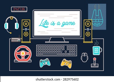 Dark Flat Line Pc Gamer Desk with computer, joystick, speaker, headphone, poster, keyboard, mouse and mug