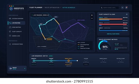 Dark fleet route optimization dashboard with live map tracking, capacity load bars, efficiency gauge, route timeline, and neon grid interface