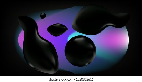 Dark floating oily liquid drops in vacuum void. Cosmic futuristic abstract background.