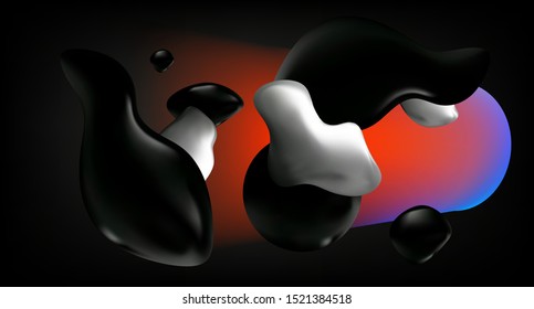 Dark floating oily liquid drops in vacuum void. Cosmic futuristic abstract background.