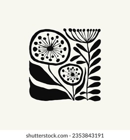 Dark Floral abstract elements. Botanical composition. Modern trendy Matisse minimal style. Floral poster, invite. Vector arrangements for greeting card or invitation design