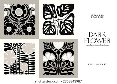 Elementos abstractos de la floración oscura. Composición botánica. Moderna moda Matisse minimalista. Afiche floral, invitación. Disposiciones de vectores para el diseño de tarjetas de felicitación o invitaciones