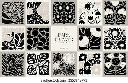 Dunkle florale abstrakte Elemente. Botanische Zusammensetzung. Moderner Stil Matisse minimalistisch. Blumenposter, lade ein. Vektorgrafik-Arrangements für Grußkarten oder Einladungen