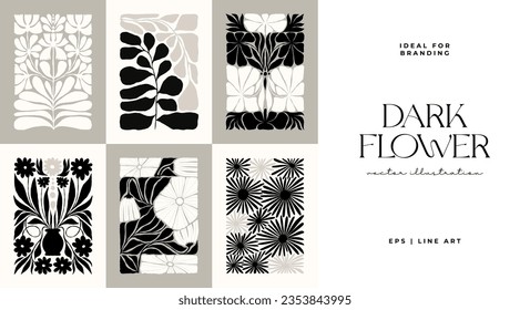 Dark Floral abstract elements. Botanical composition. Modern trendy Matisse minimal style. Floral poster, invite. Vector arrangements for greeting card or invitation design