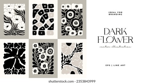 Dark Floral abstract elements. Botanical composition. Modern trendy Matisse minimal style. Floral poster, invite. Vector arrangements for greeting card or invitation design