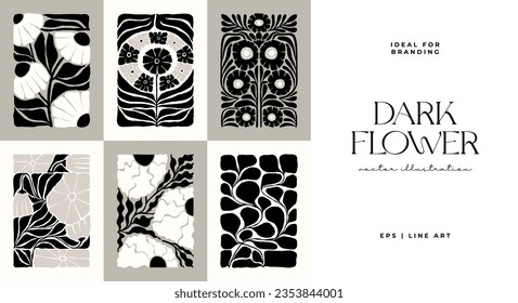Dark Floral abstract elements. Botanical composition. Modern trendy Matisse minimal style. Floral poster, invite. Vector arrangements for greeting card or invitation design