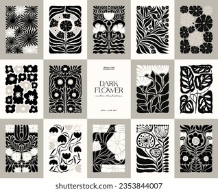 Dark Floral abstract elements. Botanical composition. Modern trendy Matisse minimal style. Floral poster, invite. Vector arrangements for greeting card or invitation design