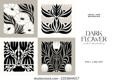 Dark Floral abstract elements. Botanical composition. Modern trendy Matisse minimal style. Floral poster, invite. Vector arrangements for greeting card or invitation design