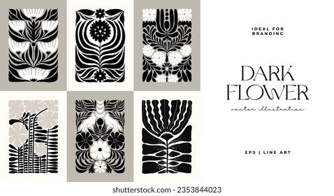 Dark Floral abstract elements. Botanical composition. Modern trendy Matisse minimal style. Floral poster, invite. Vector arrangements for greeting card or invitation design