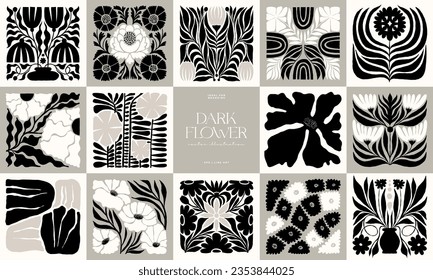 Dark Floral abstract elements. Botanical composition. Modern trendy Matisse minimal style. Floral poster, invite. Vector arrangements for greeting card or invitation design