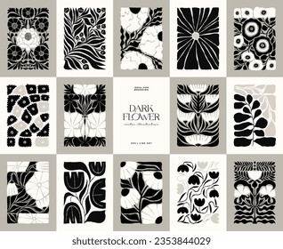 Dark Floral abstract elements. Botanical composition. Modern trendy Matisse minimal style. Floral poster, invite. Vector arrangements for greeting card or invitation design