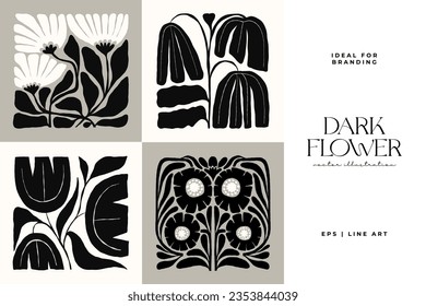 Elementos abstractos de la floración oscura. Composición botánica. Moderna moda Matisse minimalista. Afiche floral, invitación. Disposiciones de vectores para el diseño de tarjetas de felicitación o invitaciones