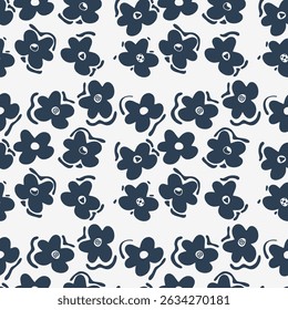 Dark Floral Arrangement for Various Applications. Playful Doodle Navy Floral Seamless Pattern Background. Hand drawn Playful Petal Doodles.