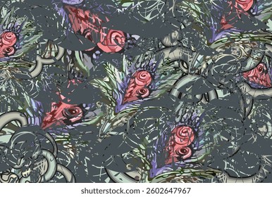Dark floral backdrop for covers or prints. Chaotic rose and butterfly motifs for fashion trends, business concepts, textiles, fabric, interiors, tiles, cards, batiks, dynamic posters, etc. Vector
