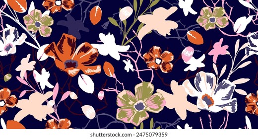 Dark Floral Background with Giant flowers. Vintage Botanical Wallpaper. Can be used for Print on fabric, wrapping paper, wallpaper