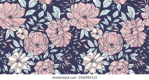 Dark floral background pattern, seamless repeating pattern with peony illustrations, flower banner or cover concept design